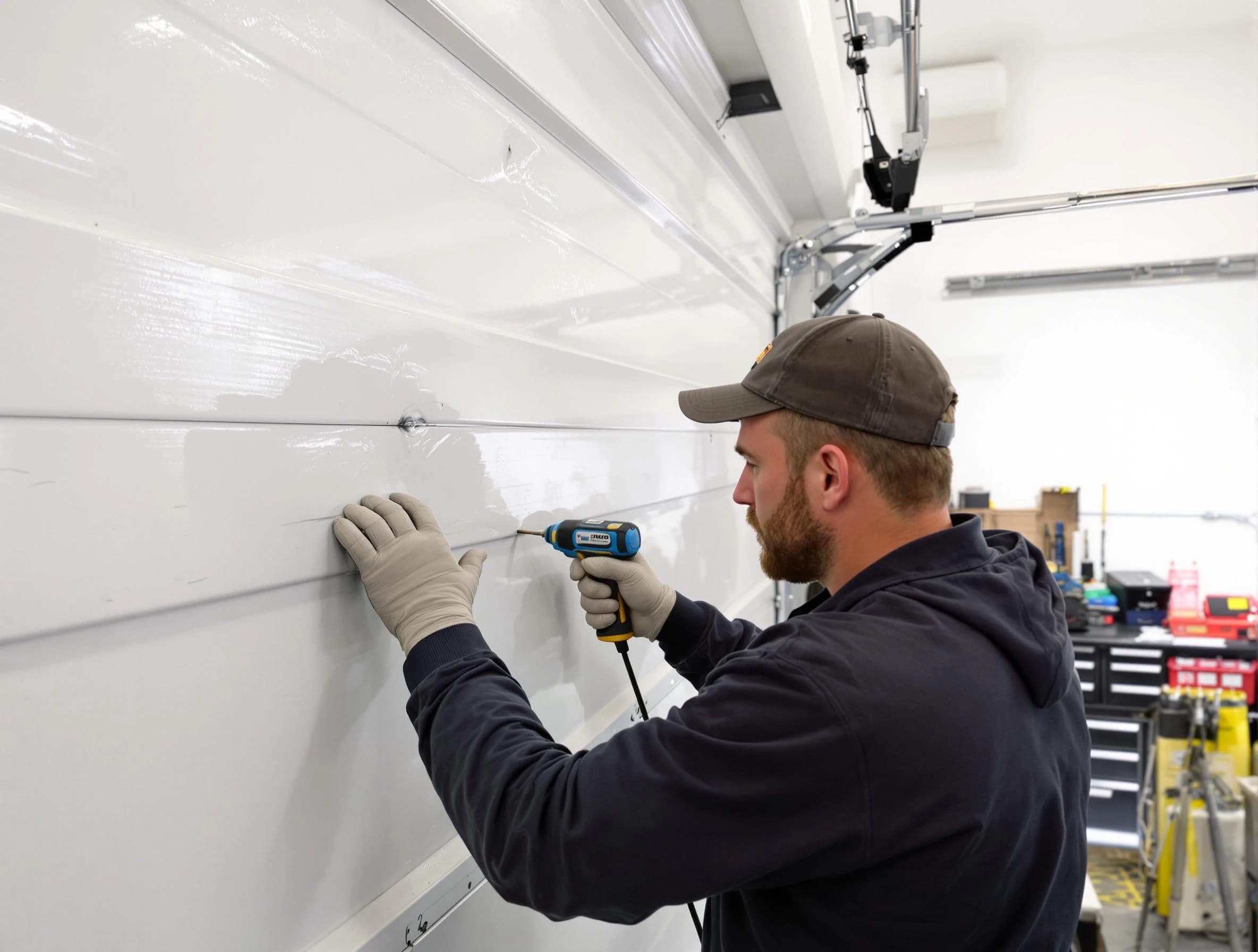 Hartsville Garage Door Repair technician demonstrating precision dent removal techniques on a Hartsville garage door